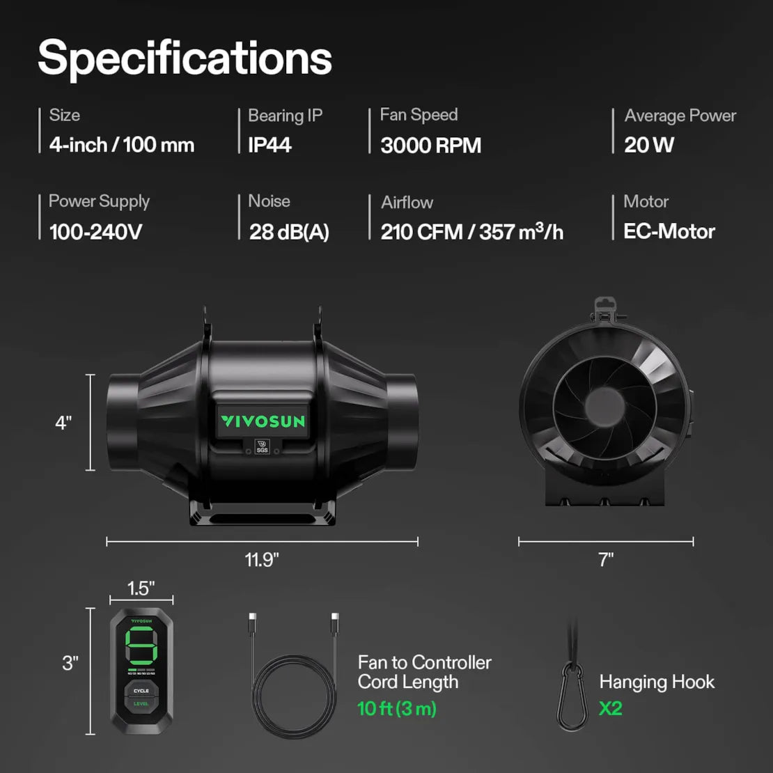 Vivosun AeroZesh T4 Inline Fan 4" with E12 Speed Controller, PWM-Controlled EC Fan for Grow Tent Ventilation