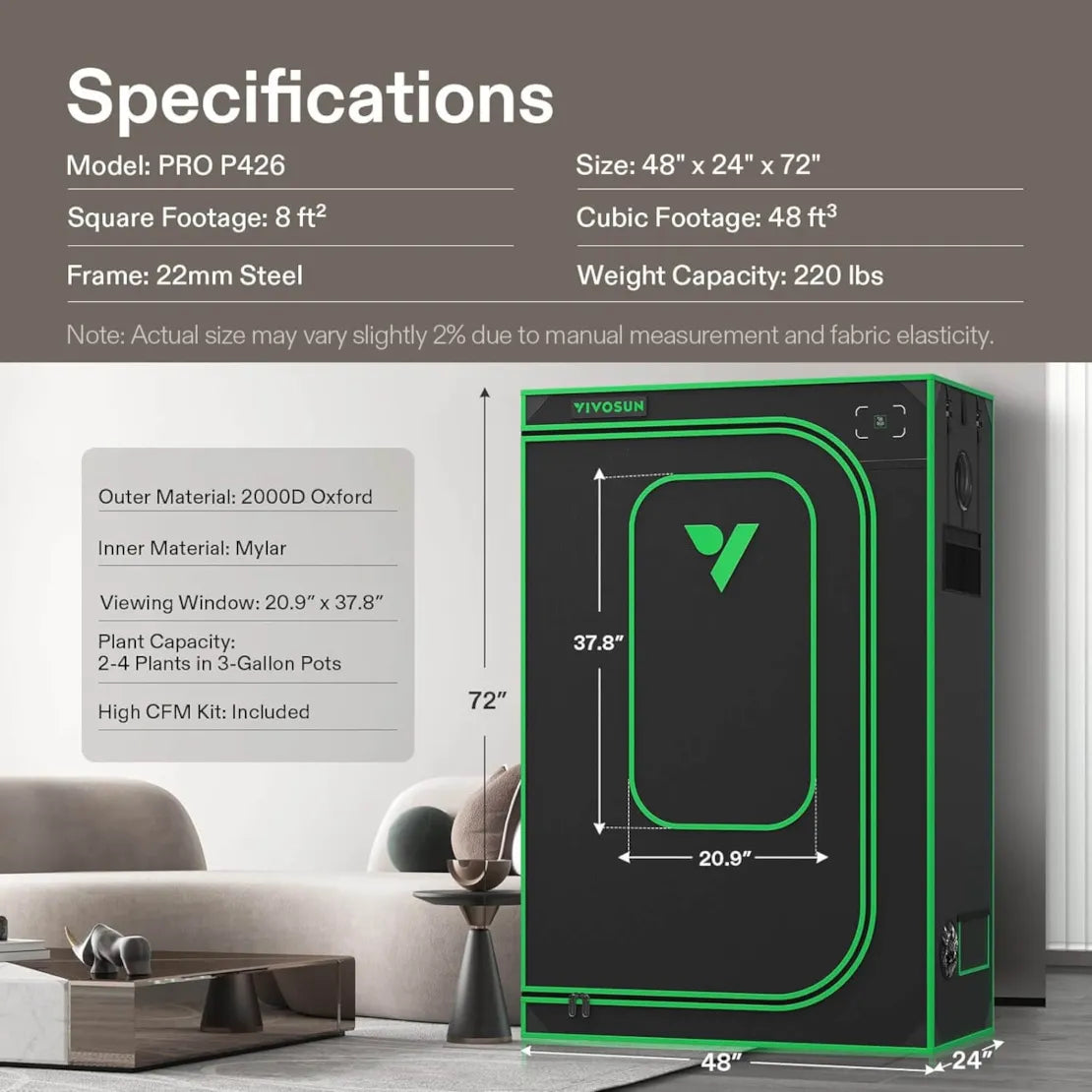 Vivosun Grow Tent Pro 2x4 P426, 2-4 Plants Use, Large Front Window