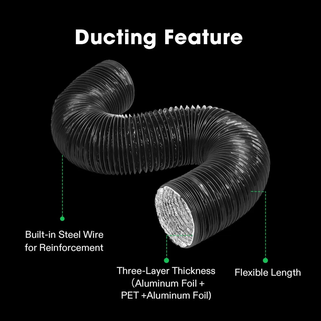 Vivosun 4 Inch 8 Feet Black Non-Insulated Flex Air Aluminum Ducting, w/Two 4 Inch Stainless Steel Clamps