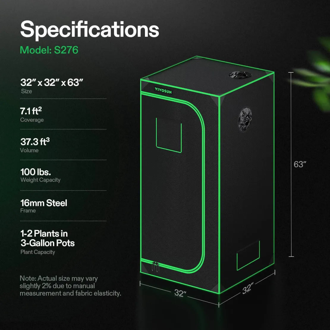 Vivosun Grow Tent 2.7x2.7 S276, 1-2 Plants Use, 600D Light-proof Oxford