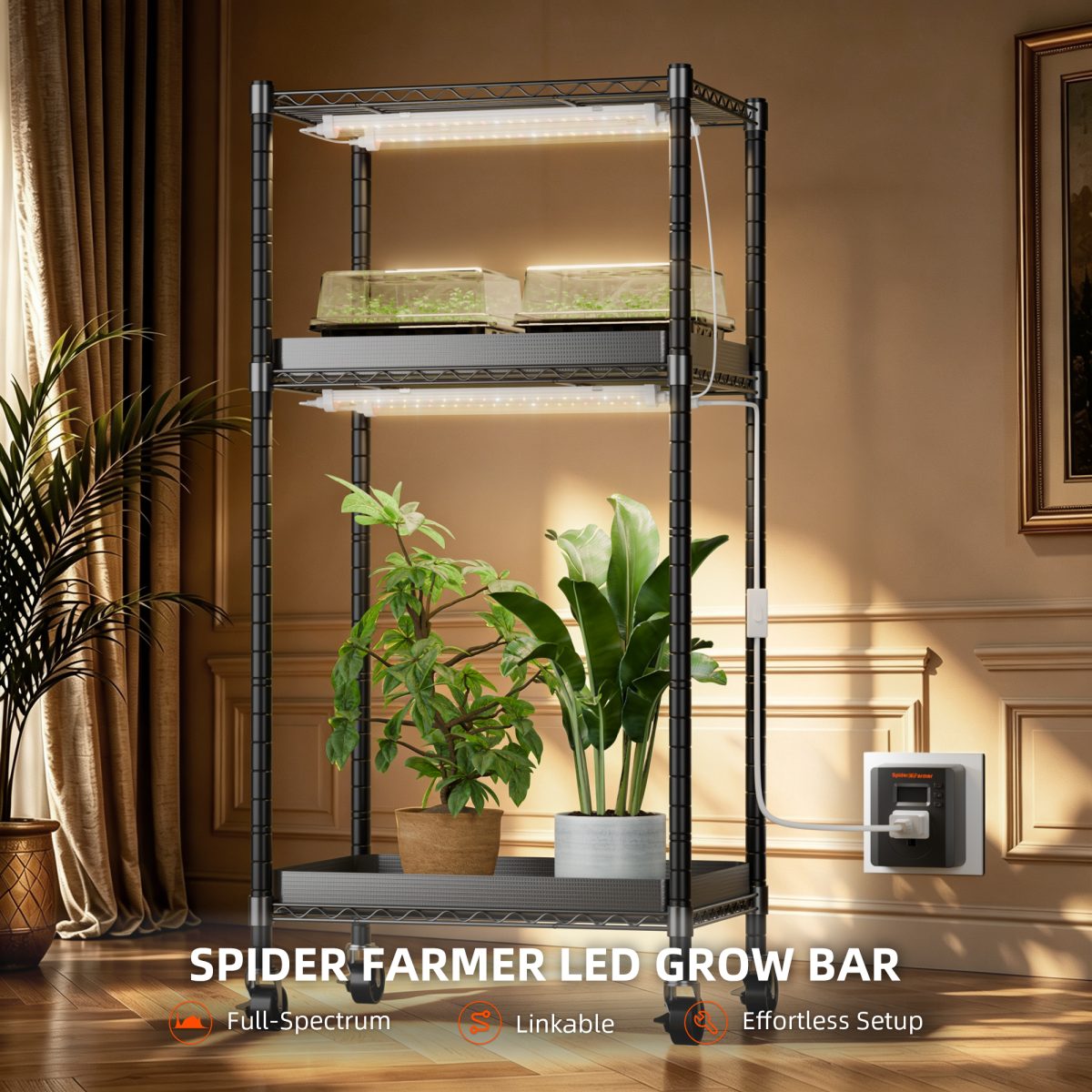 Spider Farmer GlowBar 1FT Full Spectrum LED Grow Light Strips for Indoor Plants, IP65 Waterproof, 4 Pack, Linkable, Energy-Efficient & Easy Install, Ideal for Plant Stand & Greenhouse