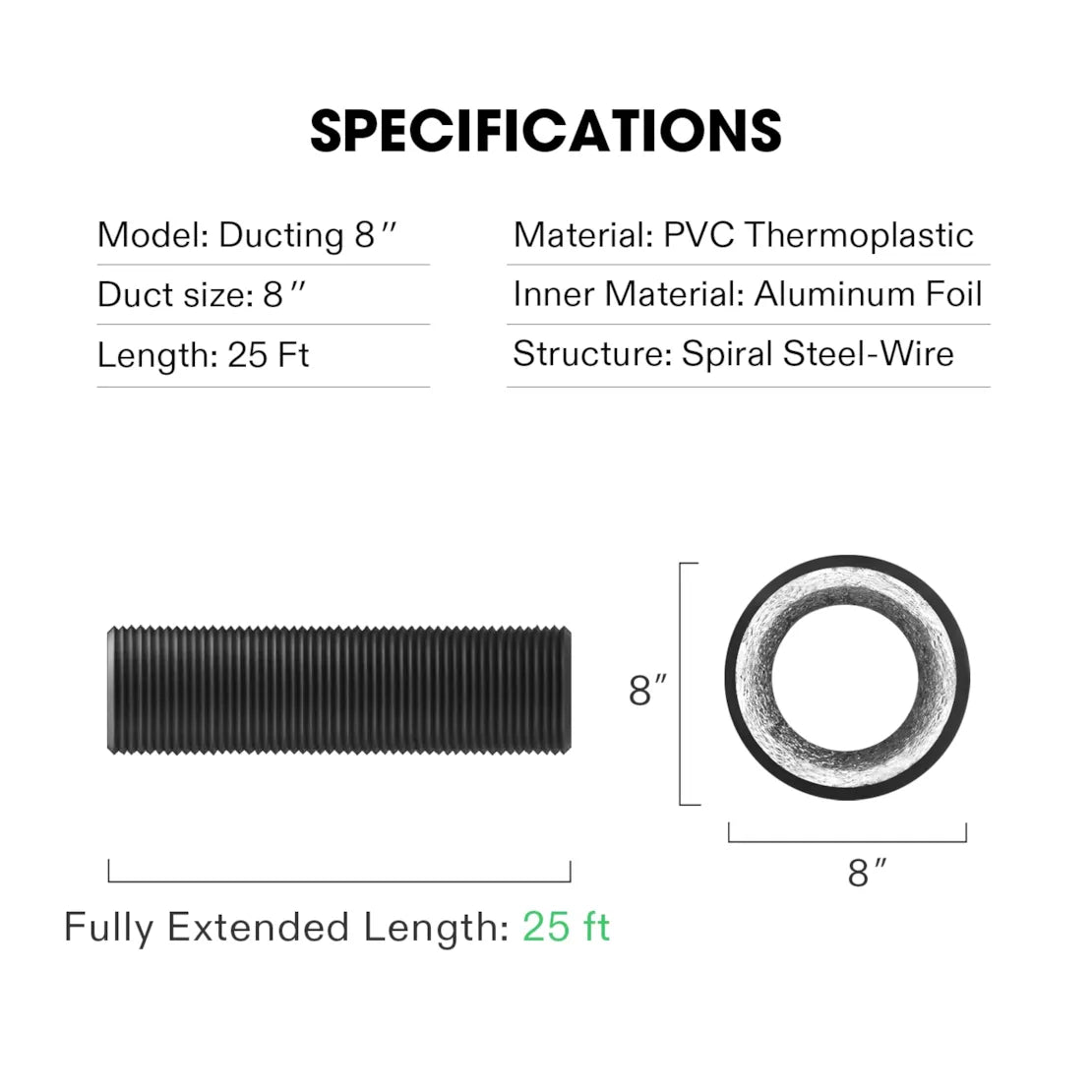 Vivosun 8 Inch 25 Feet Black Non-Insulated Flex Air Aluminum Ducting, w/Two 8 Inch Stainless Steel Clamps