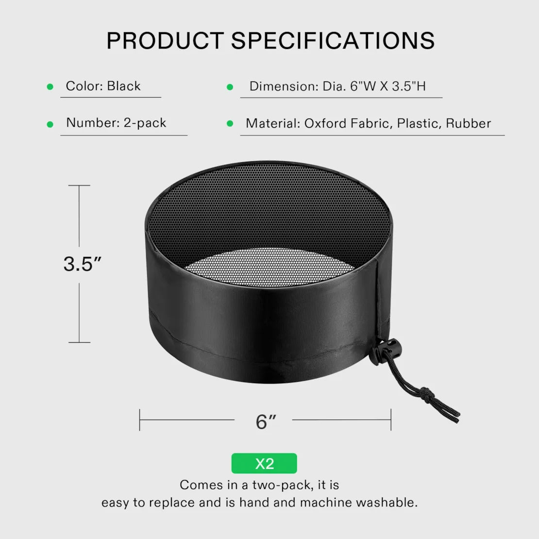Vivosun 6" Grow Tent Duct Filter Vent Cover w/ Elastic Band and Fixed Buckle, 2 Pcs