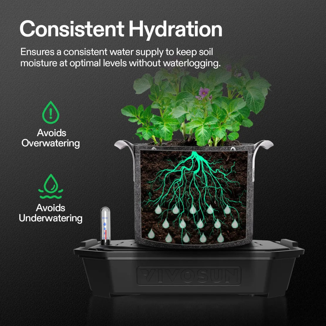 Vivosun FlexFeed Self-Watering Fabric Pot Base, Auto-Irrigation Water Delivery System with Reservoir Meter, 4-Pack