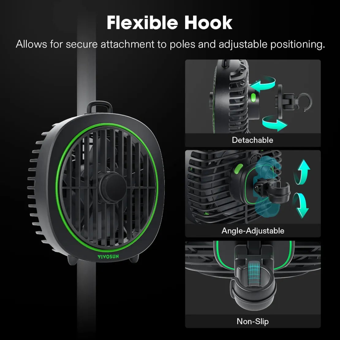 Vivosun AeroWave D4, 4” Grow Tent Clip Fan with Detachable Hook, Black, 2 Pack