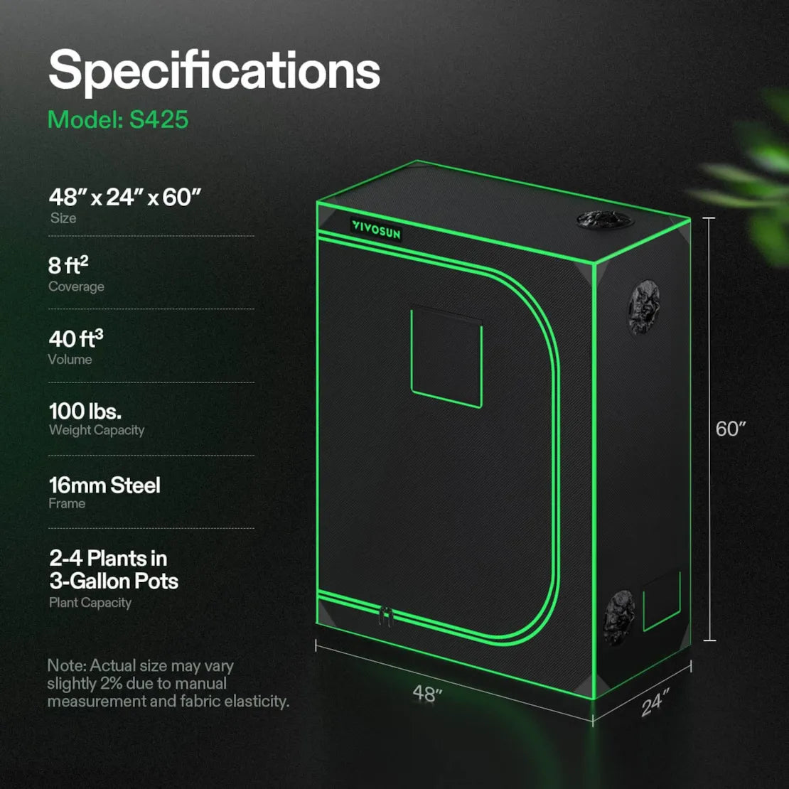 Vivosun Grow Tent 2x4 S425, 2-4 Plants Use, 600D Light-proof Oxford