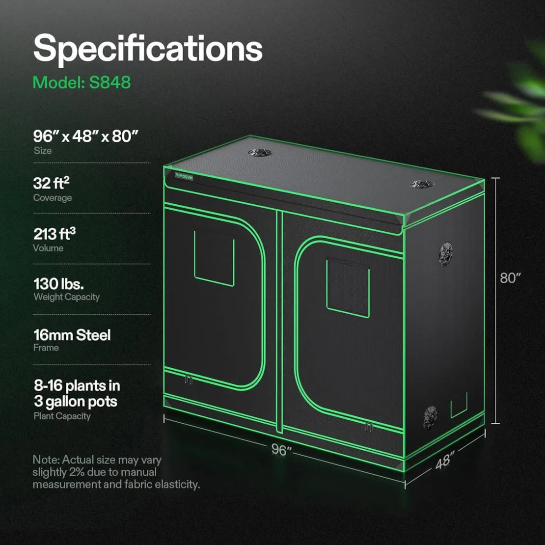 Vivosun Grow Tent 4x8 S848, 8-16 Plants Use, 600D Light-proof Oxford