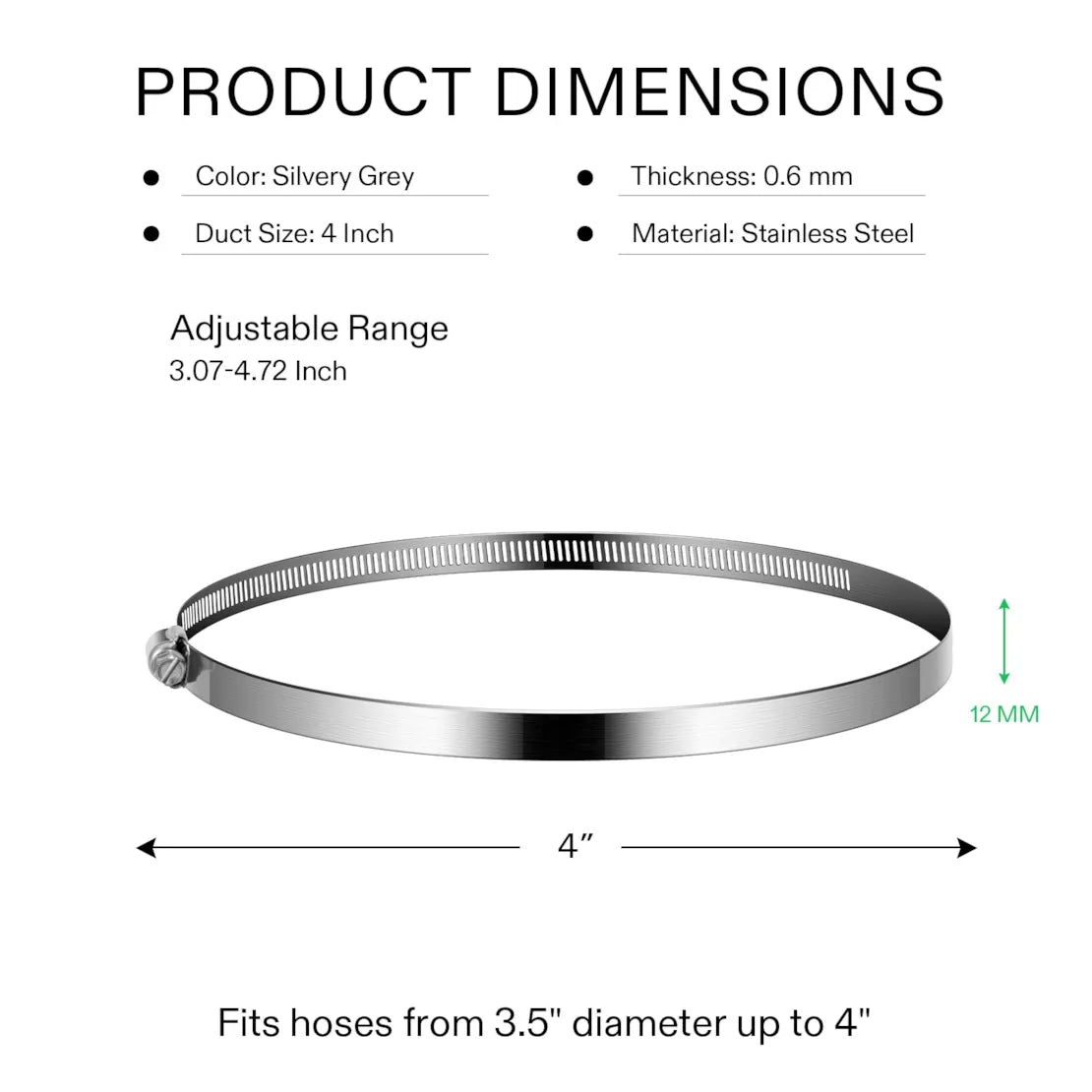 Vivosun Stainless Steel Air Ducting Clamps, 4/6/8/12 Inch Adjustable Hose Clamps with Worm Drive for Ducting, Heating, Cooling, Exhaust, and Ventilation (Pack of 2) - 4"