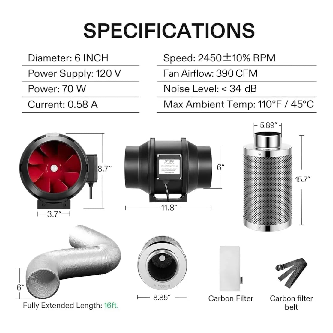 Vivosun Air Filtration Kit R6 6", Inline Fan R6 with Variable Speed Controller, Carbon Filter & Ducting Combo