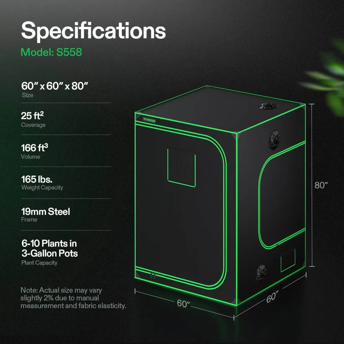 Vivosun Grow Tent 5x5 S558, 6-10 Plants Use, 600D Light-proof Oxford