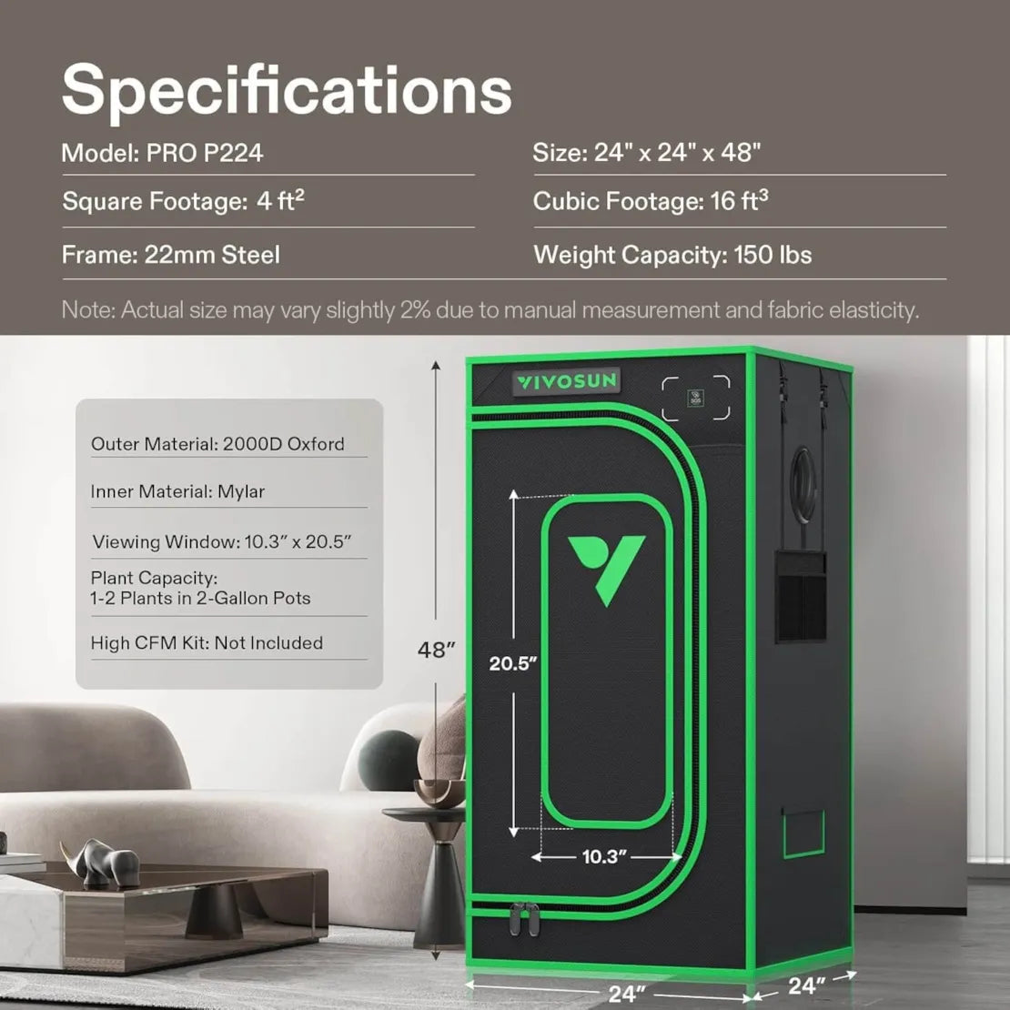 Vivosun Grow Tent Pro 2x2 P224, 1-2 Plants Use, Large Front Window