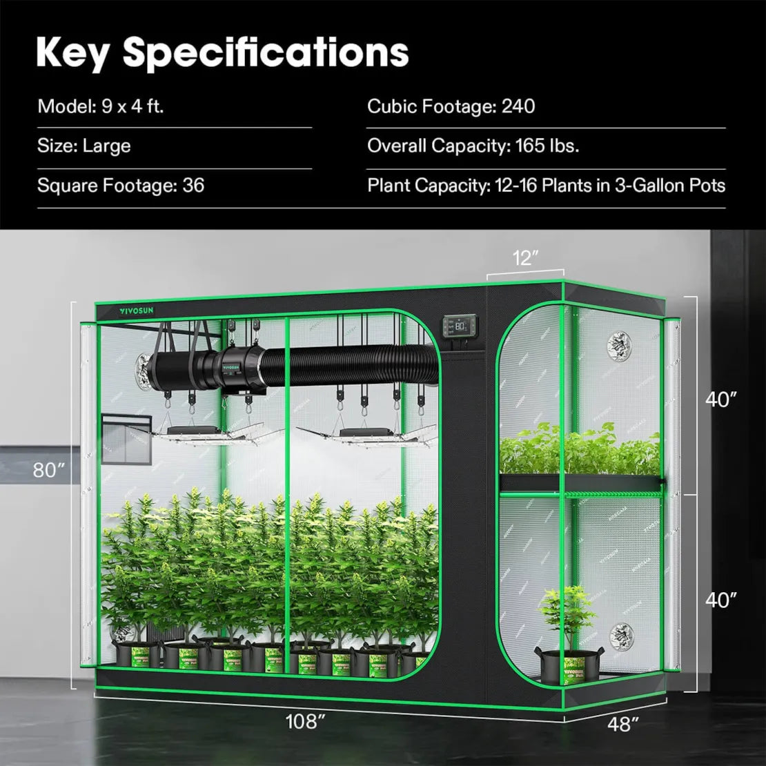 Vivosun 2-in-1 Grow Tent 4x9 D948, 12-16 Plants Use, with Multi-Chamber