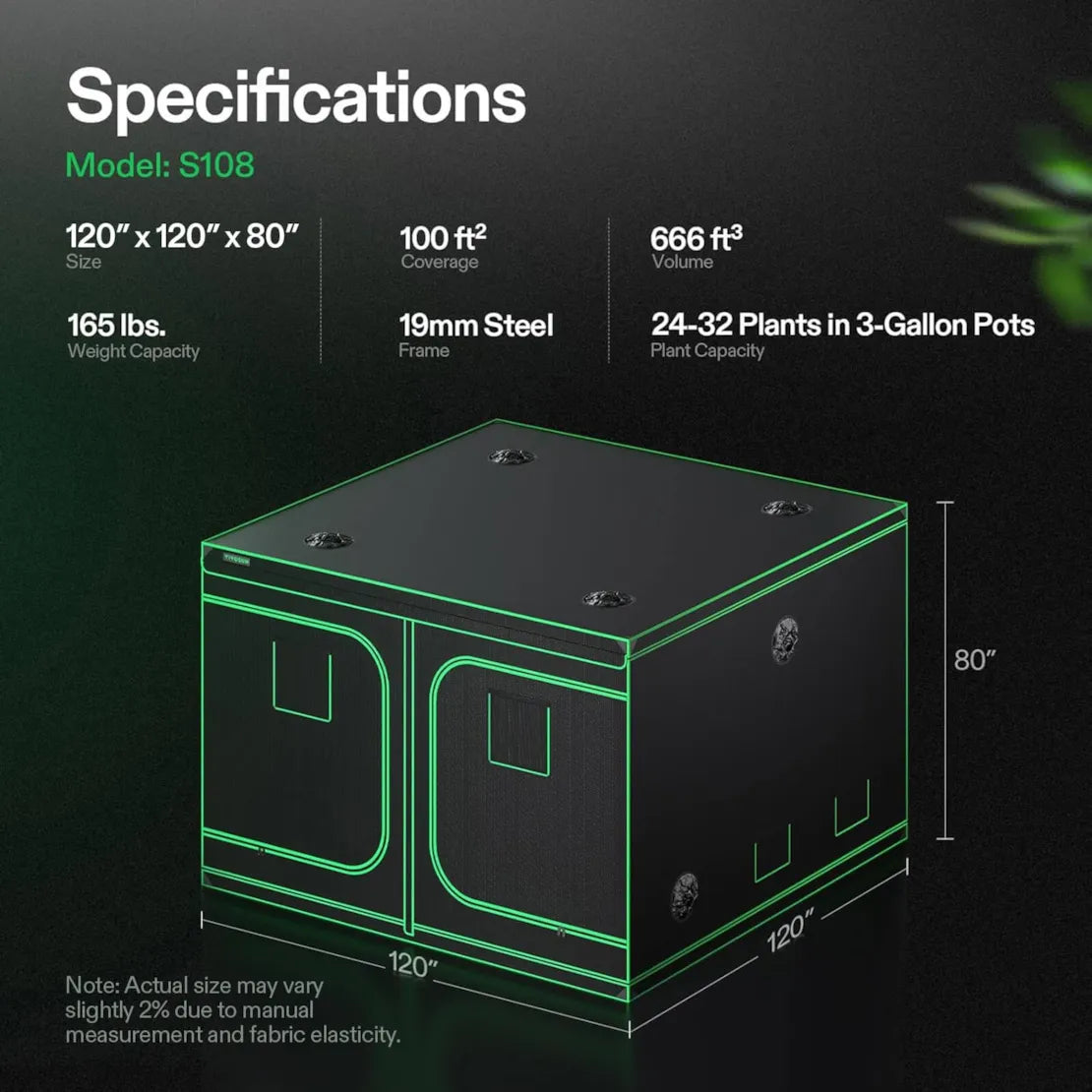 Vivosun Grow Tent 10x10 S108, 24-32 Plants Use, 600D Light-proof Oxford