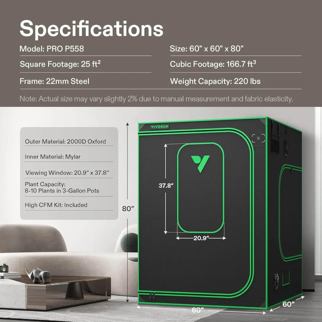 Vivosun Grow Tent Pro 5x5 P558, 6-10 Plants Use, Large Front Window