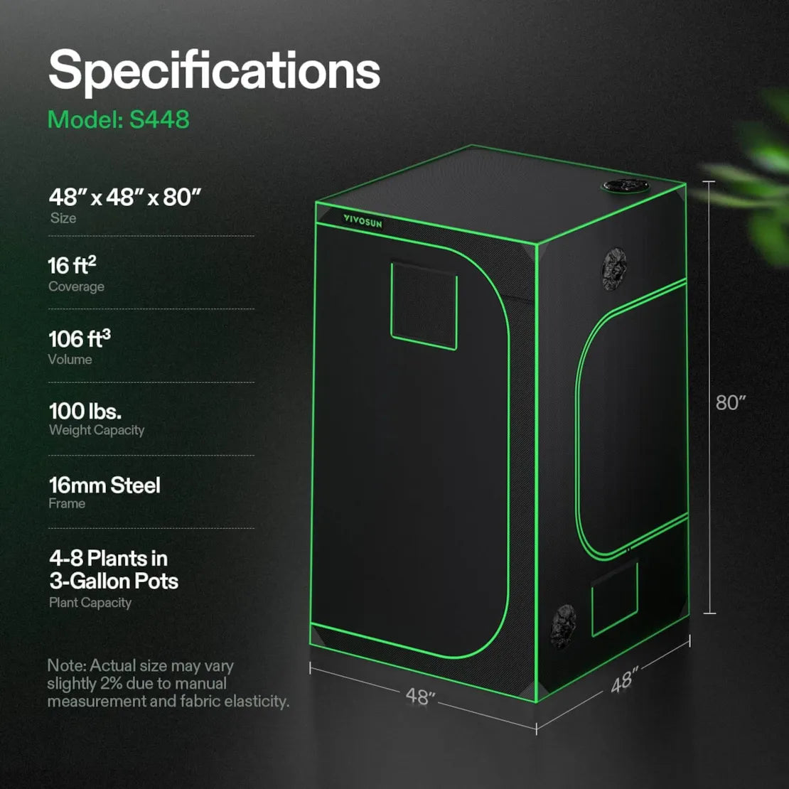 Vivosun Grow Tent 4x4 S448, 4-8 Plants Use, 600D Light-proof Oxford