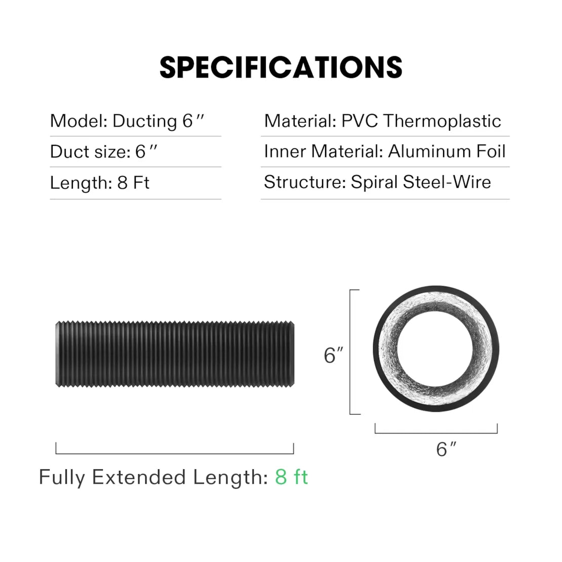 Vivosun 6 Inch 8 Feet Black Non-Insulated Flex Air Aluminum Ducting, w/Two 6 Inch Stainless Steel Clamps