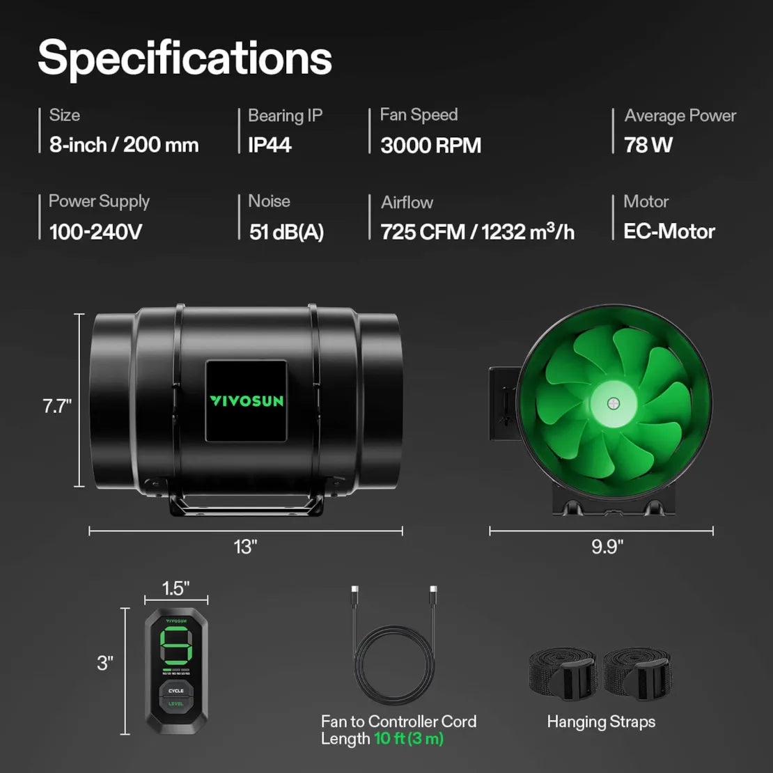 Vivosun AeroZesh G8 Inline Fan 8" with E12 Speed Controller, PWM-Controlled EC Fan for Grow Tent Ventilation