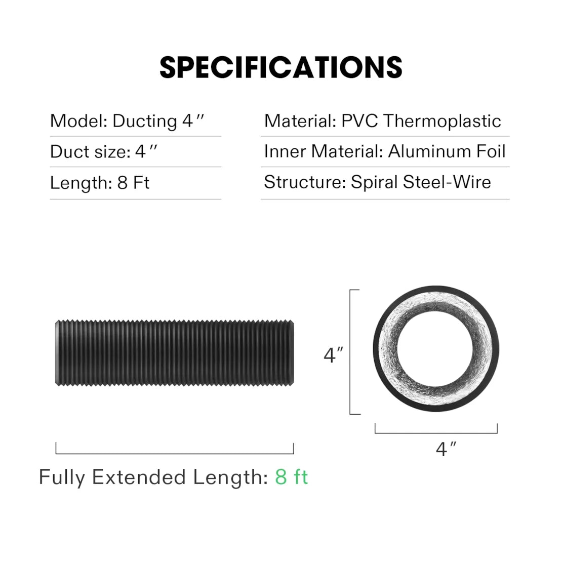 Vivosun 4 Inch 8 Feet Black Non-Insulated Flex Air Aluminum Ducting, w/Two 4 Inch Stainless Steel Clamps