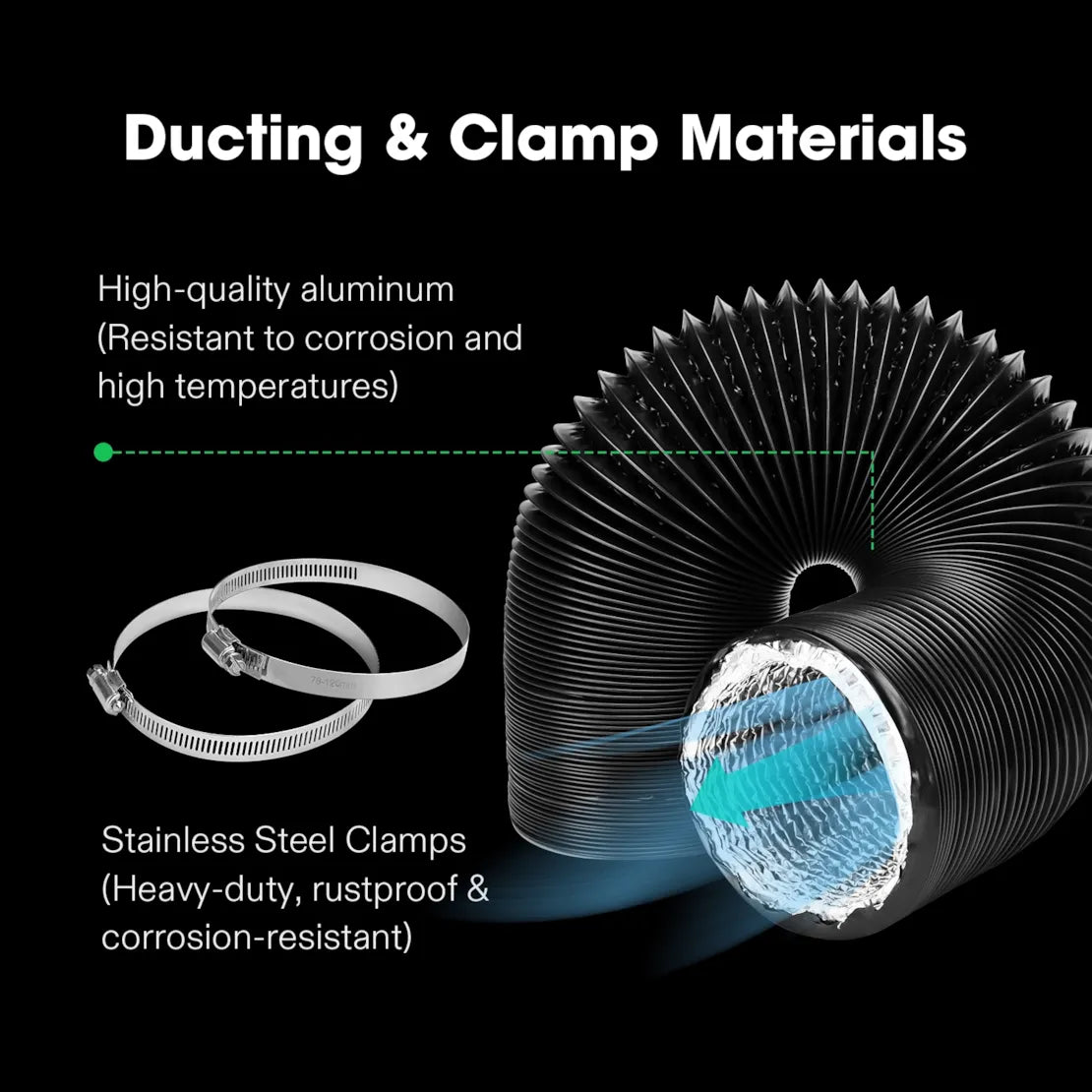 Vivosun 4 Inch 8 Feet Black Non-Insulated Flex Air Aluminum Ducting, w/Two 4 Inch Stainless Steel Clamps
