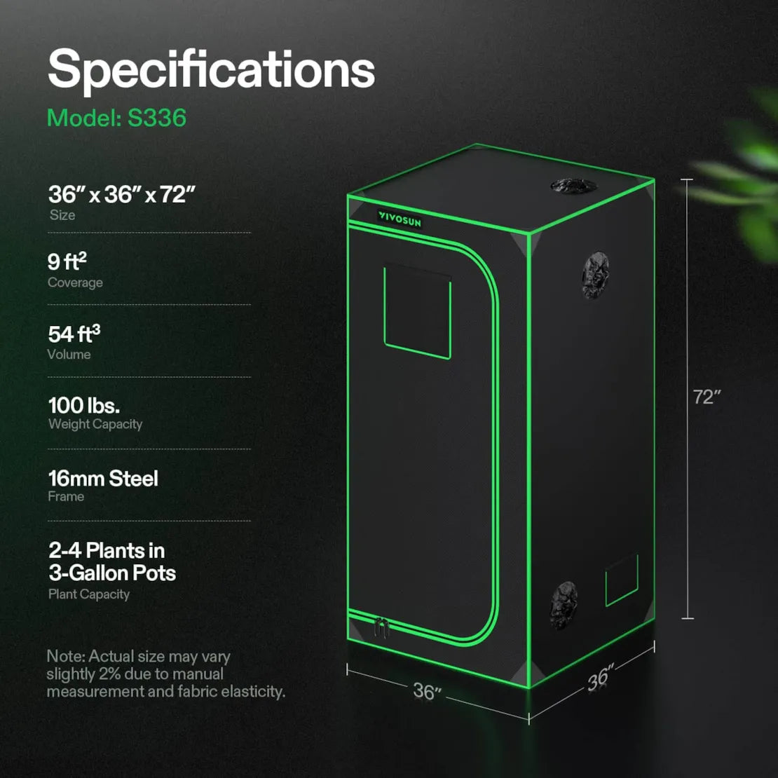 Vivosun Grow Tent 3x3 S336, 2-4 Plants Use, 600D Light-proof Oxford