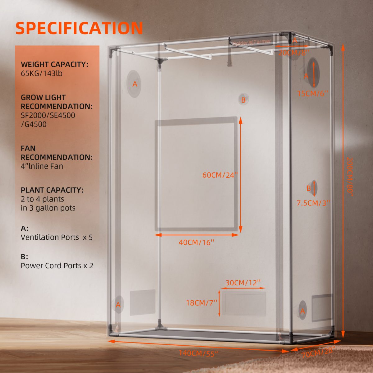 Spider Farmer 4.6’x2.3’x6.5′ 140cm x 70cm x 200cm Pro White Indoor Grow Tent 2000D Oxford Cloth Hydroponics Plant Growing Box