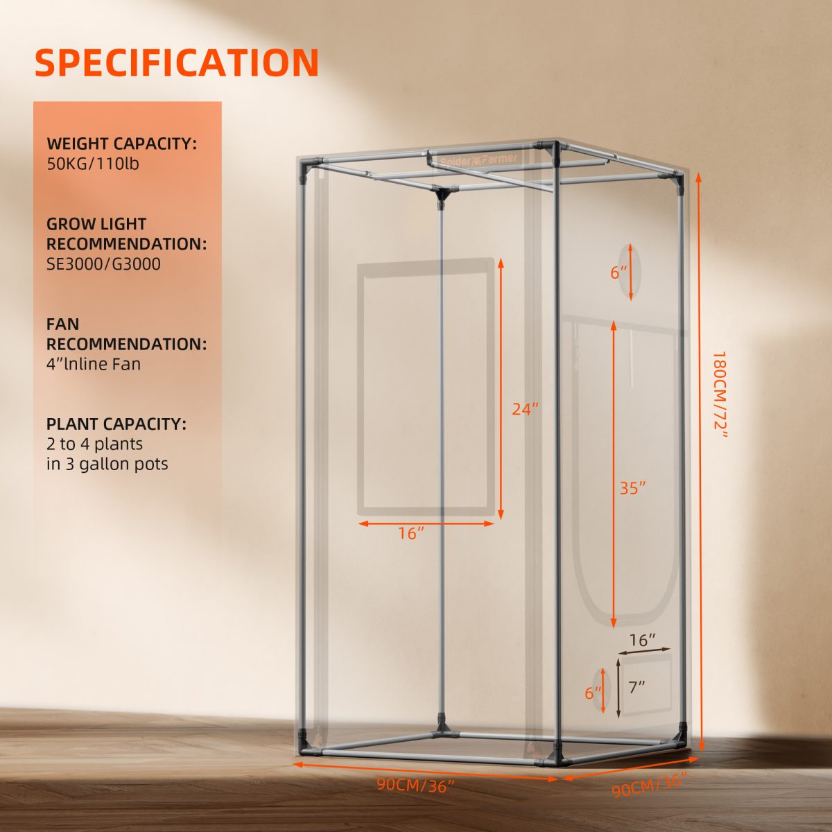 Spider Farmer 3’x3’x6′ 90cm x 90cm x 180cm Pro White Indoor Grow Tent 2000D Oxford Cloth Hydroponics Plant Growing Box