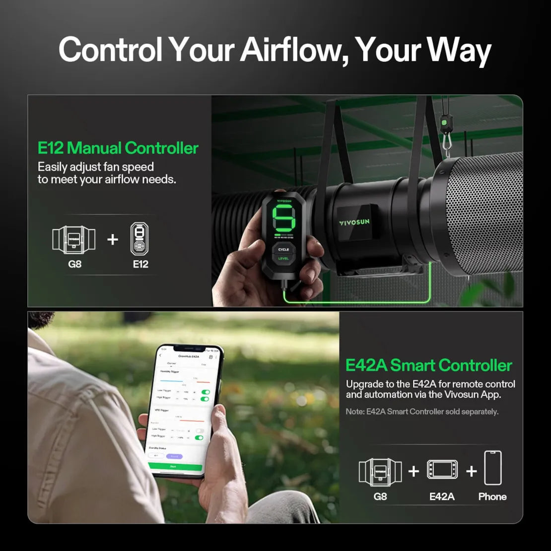 Vivosun AeroZesh G8 Inline Fan 8" with E12 Speed Controller, PWM-Controlled EC Fan for Grow Tent Ventilation