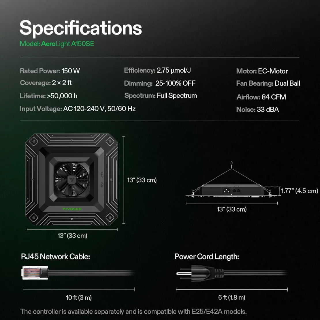 Vivosun AeroLight A150SE Full Spectrum LED Grow Light 150W, with Integrated Circulation Fan, Compatible with APP, 4 x 2 Ft. Coverage