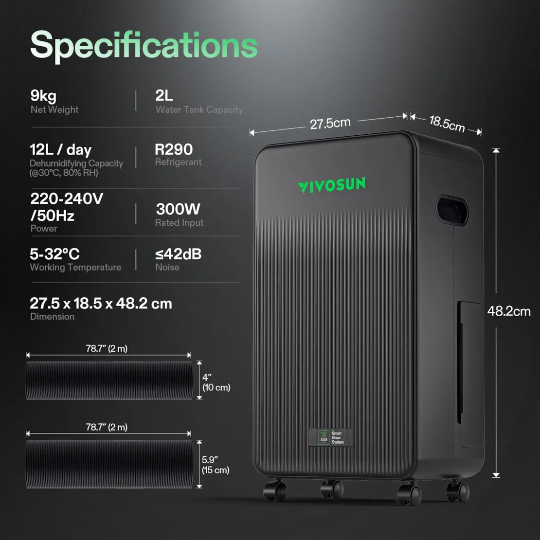 Vivosun AeroDrain D12 Intelligent Environmental Dehumidifier, up to 12L/day, 2L Water Tank, with Temperature & Humidity Sensor Probe