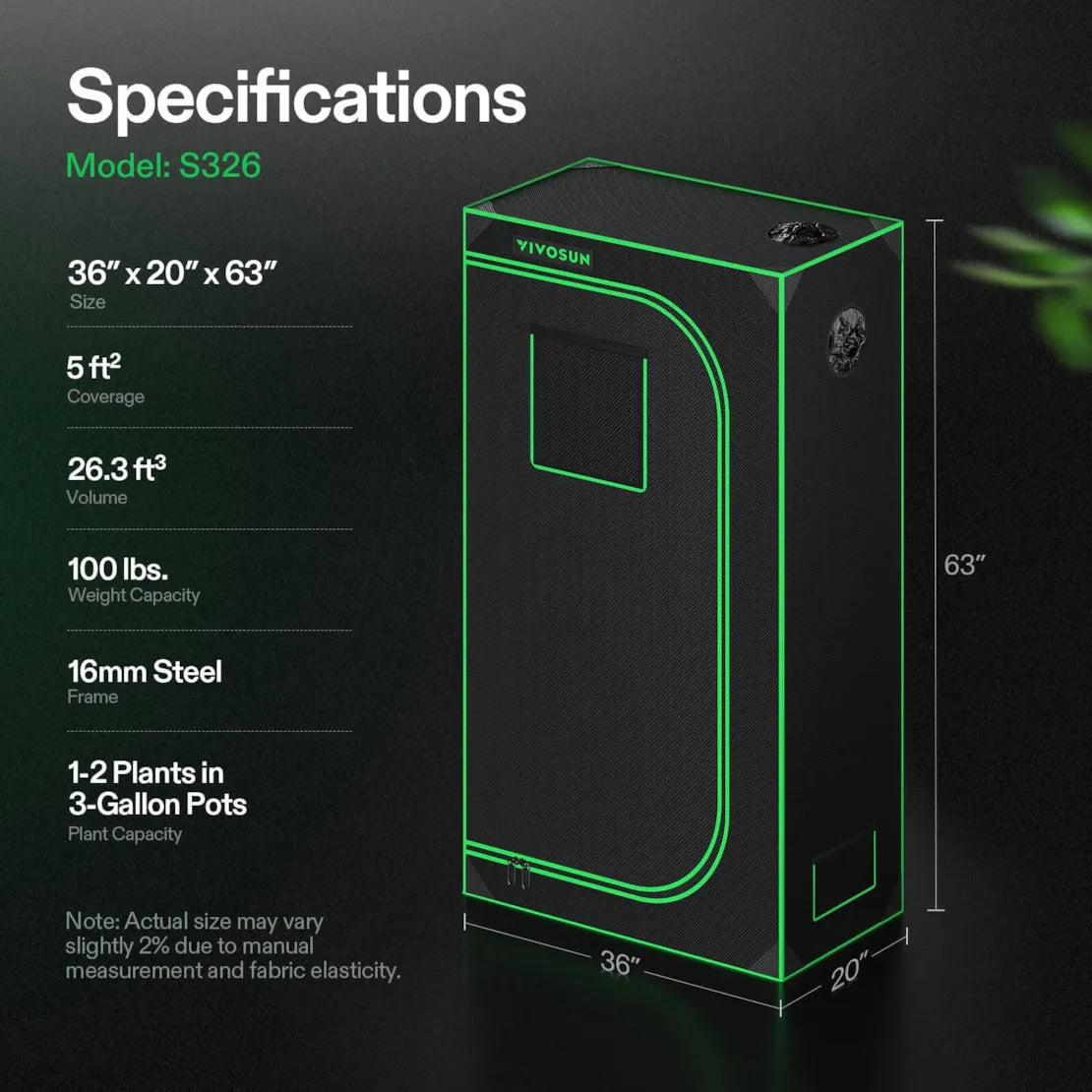 Vivosun Grow Tent 2x3 S326, 1-2 Plants Use, 600D Light-proof Oxford