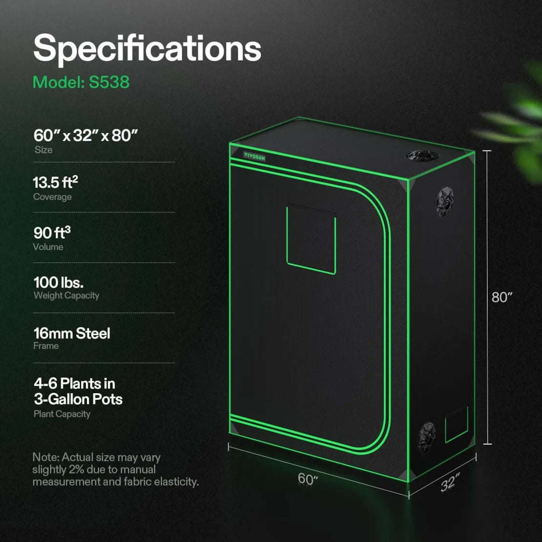 Vivosun Grow Tent 2x5 S538, 4-6 Plants Use, 600D Light-proof Oxford