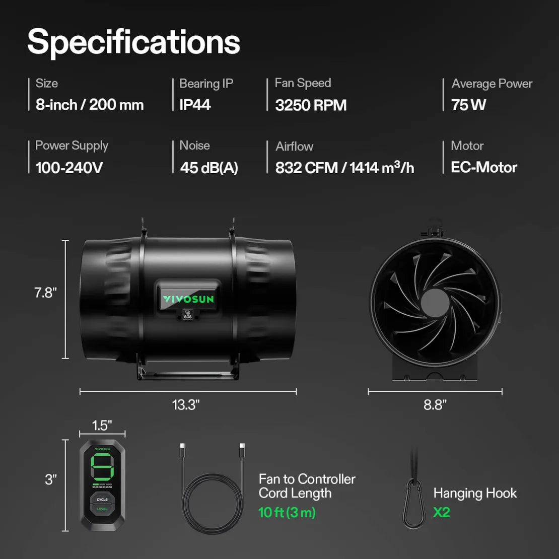 Vivosun AeroZesh T8 Inline Fan 8" with E12 Speed Controller, PWM-Controlled EC Fan for Grow Tent Ventilation