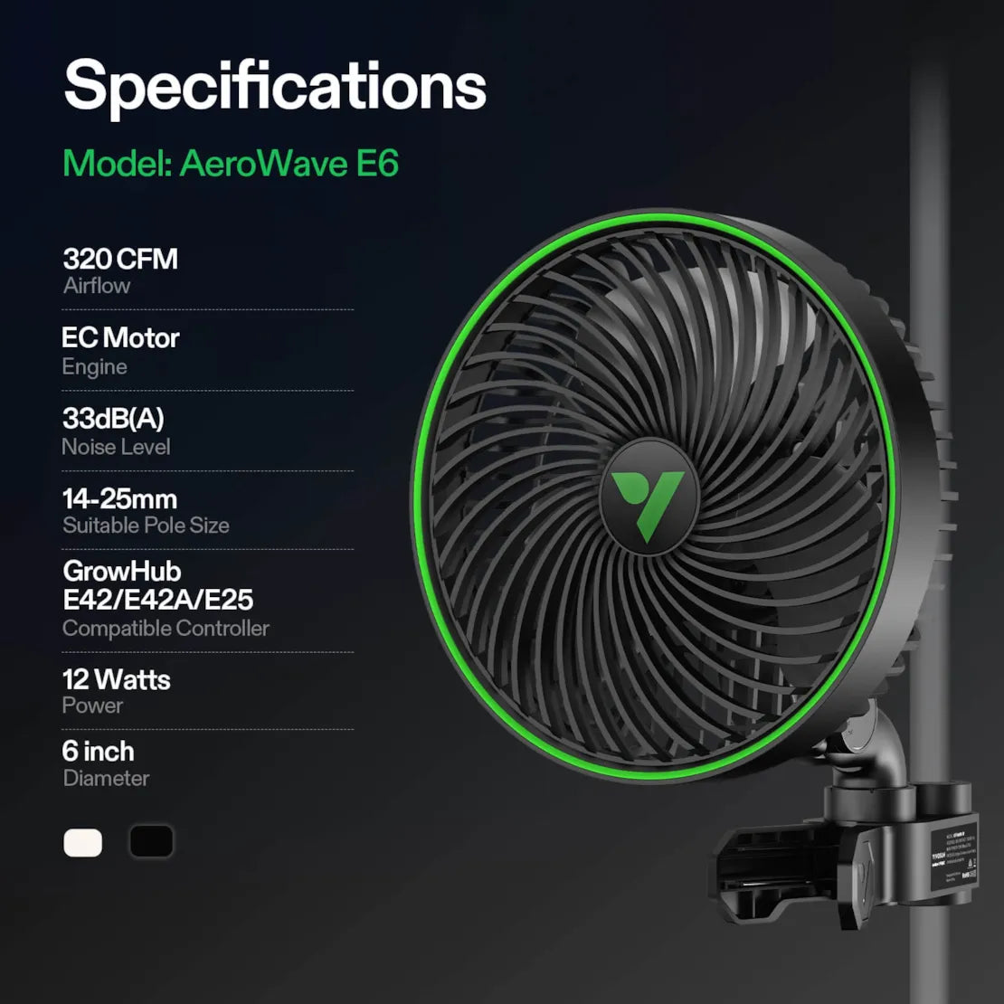 Vivosun 2-Pack AeroWave E6 Gen2, Grow Tent Clip Fan 6", EC Motor, Smart Control, Powerful Oscillating Fan, Black