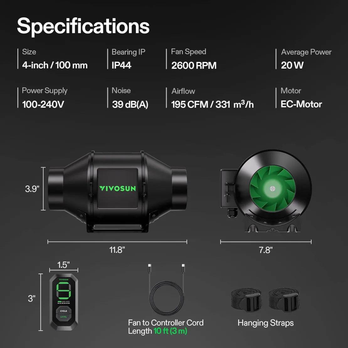 Vivosun AeroZesh G4 Inline Fan 4" with E12 Speed Controller, PWM-Controlled EC Fan for Grow Tent Ventilation