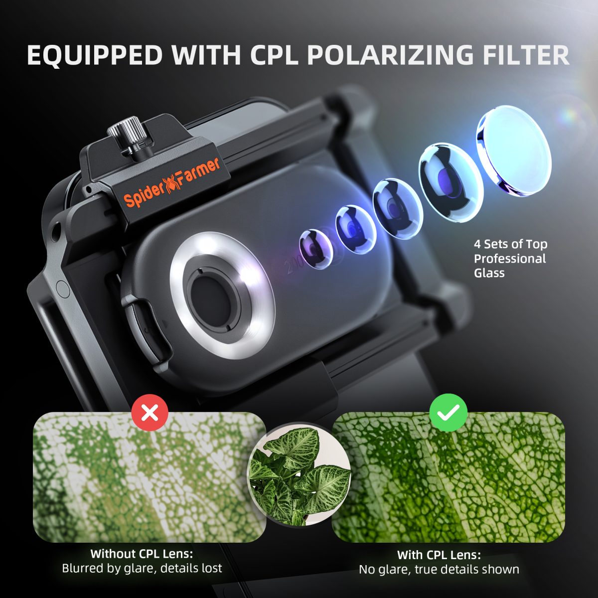 Spider Farmer 200X Microscope Magnifier – SmartPhone Lens with LED & UV, Nano Zoom, CPL, Clip-On for iPhone & Android