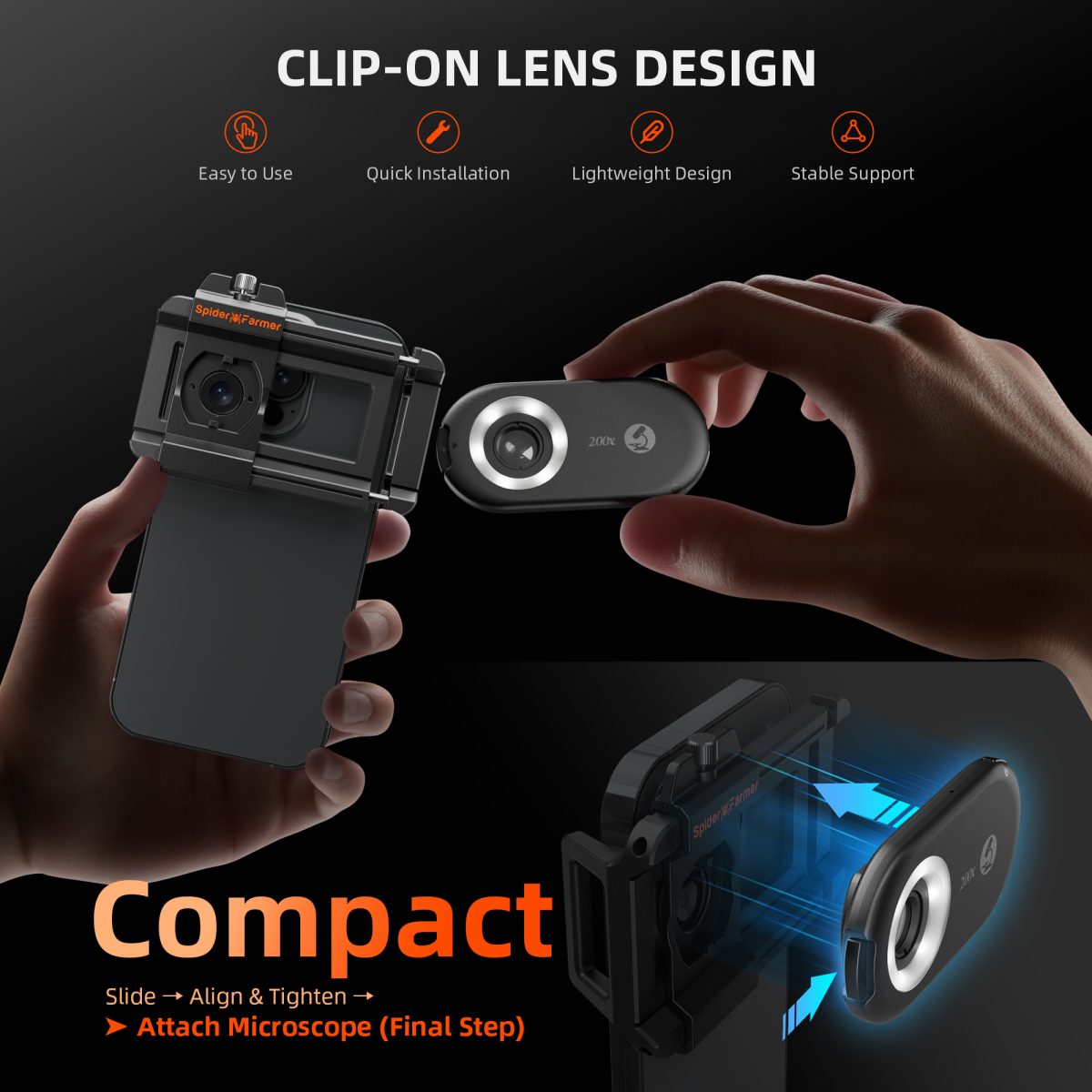 Spider Farmer 200X Microscope Magnifier – SmartPhone Lens with LED & UV, Nano Zoom, CPL, Clip-On for iPhone & Android
