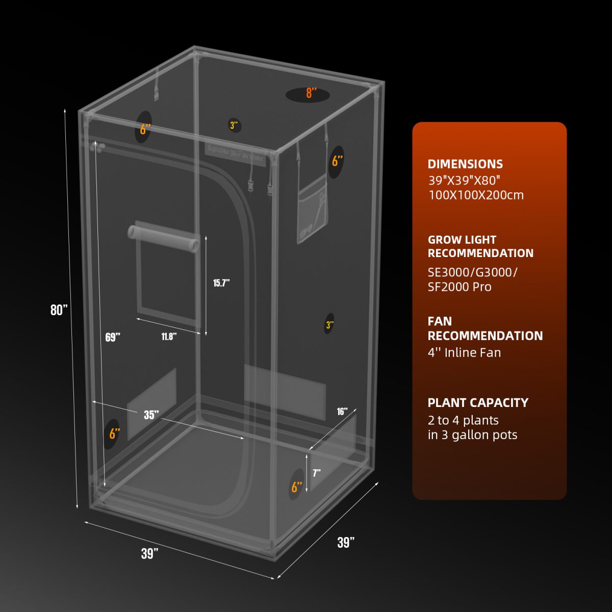 Spider Farmer® 3.2’x3.2’x6.5′ 100cm x 100cm x 200cm Indoor Grow Tent 1680D Hydroponic Plant Room for Optimal Plant Growth & Climate Control