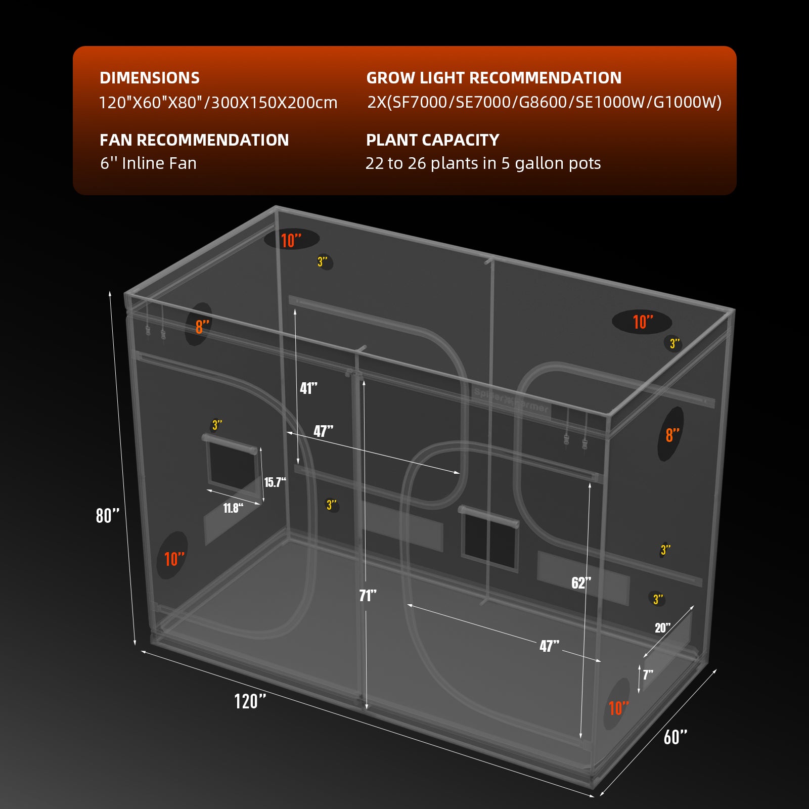 Spider Farmer 5’x10’x6.5′ 150cm x 300cm x 200cm Indoor Grow Tent