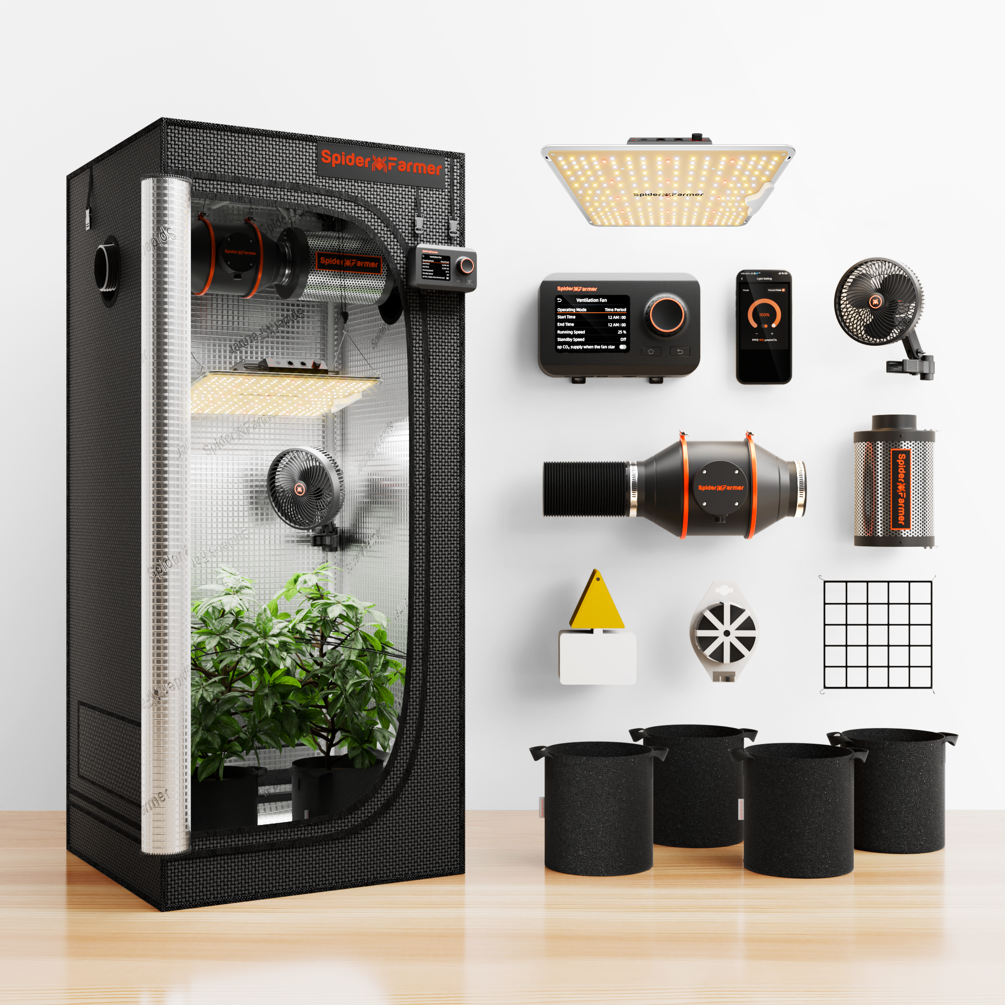Spider Farmer® 2’x2′ Complete Grow Tent Kit丨SF1000 Full Spectrum LED Grow Light丨6” Clip Fan丨4” Ventilation System with GGS Controller | Free Sprayer