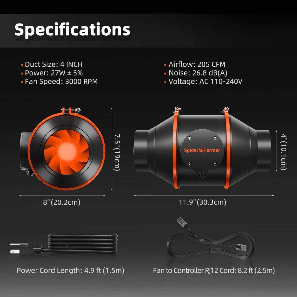 Spider Farmer®Quiet 4” Inline duct Fan Kits 205 CFM with Speed Controller, Carbon Filter Grow Tent Ventilation System, GGS Controller Controllable