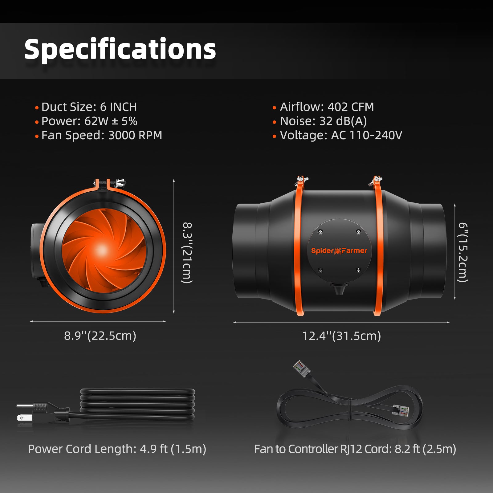 Spider Farmer 6″ Inline Fan with GGS Controller 402 CFM Ventilation System for Grow Tents