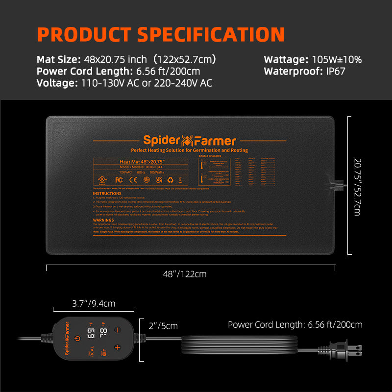 Spider Farmer® 48”X20.75” Seedling Heat Mat and Digital Thermostat for Seed Starting Propagation and Increase Germination