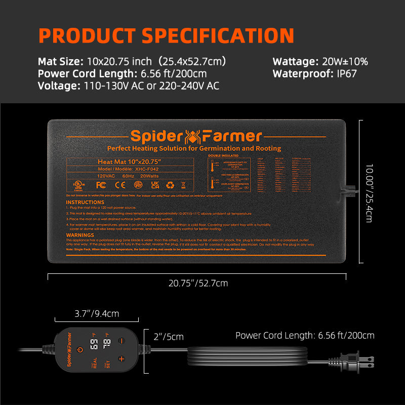 Spider Farmer®10”X20.75” Seedling Heat Mat for Consistent Warmth and Faster Germination Indoor Gardening, Greenhouse