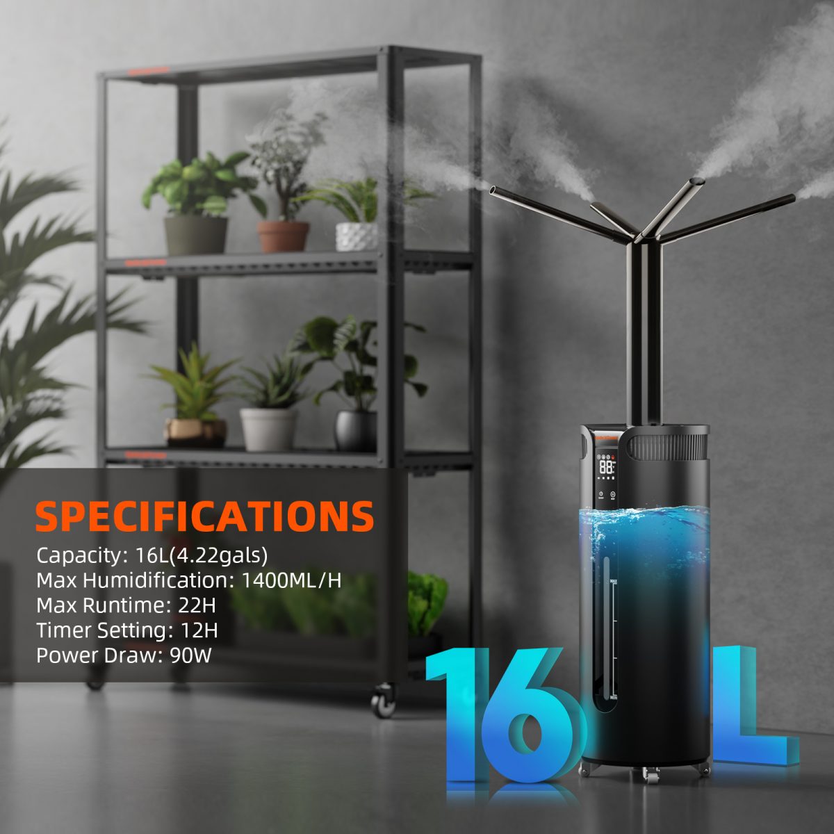 Spider Farmer® 16L Cool Mist Humidifier Ultrasonic with Temperature & Humidity Probe for Plants Indoor Grow Tent