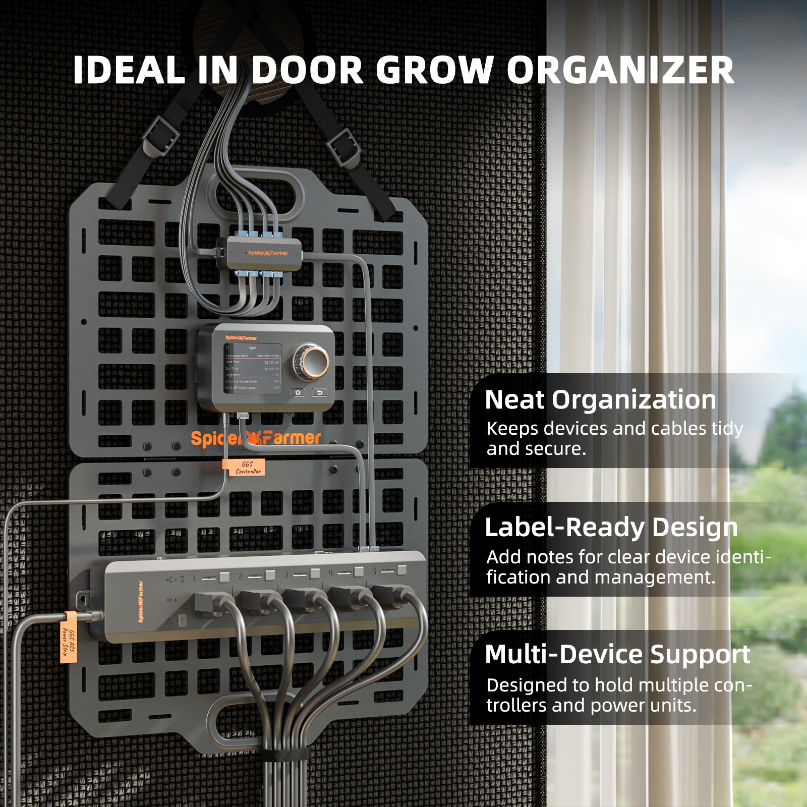 Spider Farmer® New Foldable Gear Board for Grow Tent – Heavy-Duty Equipment and Cable Management System, ABS Mounting Panel Organizer for GGS Smart System, Power Strip
