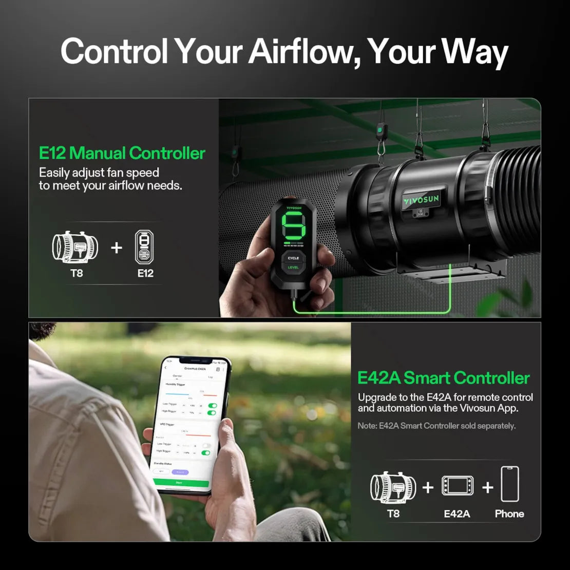 Vivosun AeroZesh T8 Inline Fan 8" with E12 Speed Controller, PWM-Controlled EC Fan for Grow Tent Ventilation