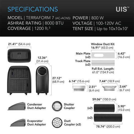 AC Infinity TERRAFORM 7 Multi - Functional Air Conditioner, with Heater, Dehumidifier, Circulator, and VPD Controller, 8000 BTU - Green Thumb Depot