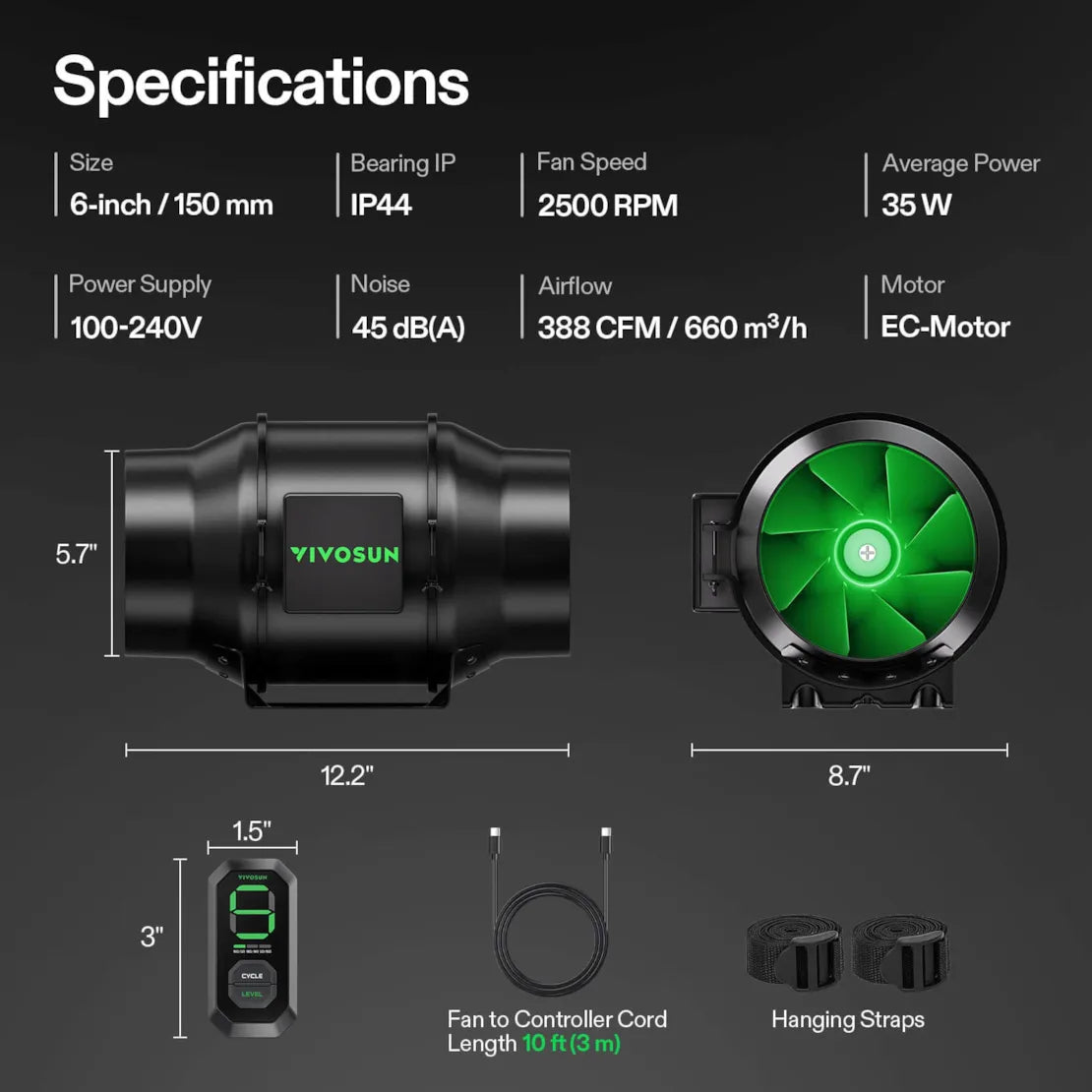 Vivosun AeroZesh G6 Inline Fan 6” with E12 Speed Controller, PWM-Controlled EC Fan for Grow Tent Ventilation
