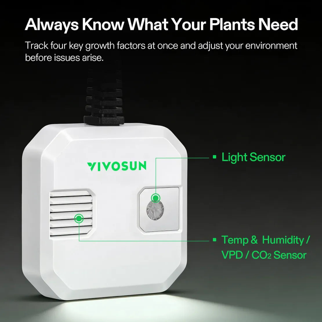 Vivosun 4-in-1 Sensor, Temperature and Humidity Monitoring with CO₂ and Light Detection, Compatible with GrowHub E42A+