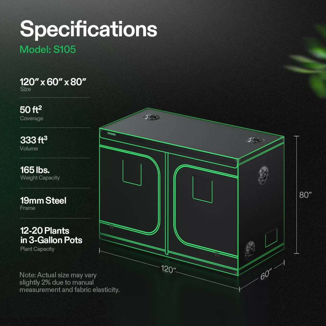 Vivosun Grow Tent 5x10 S105, 12-20 Plants Use, 600D Light-proof Oxford
